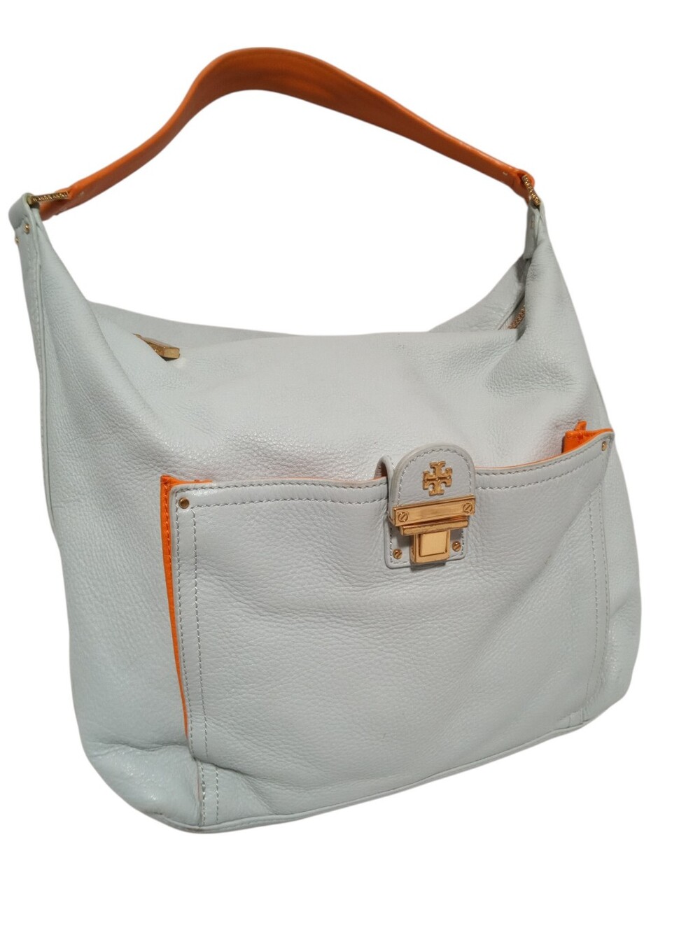 Tory Burch Powder Blue Leather Hobo Bag Orange Trim Logo Lock Shoulder
